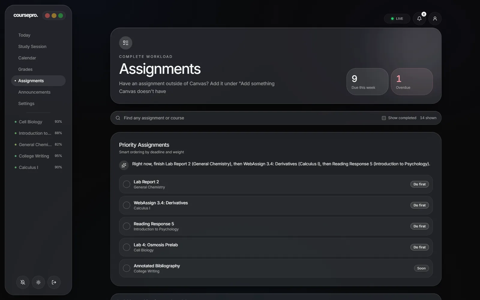The Assignments page with a weekly count and a ranked list of work.