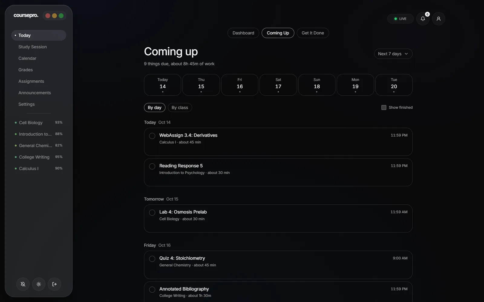 The Coming Up page with a seven-day strip and assignments grouped by day.