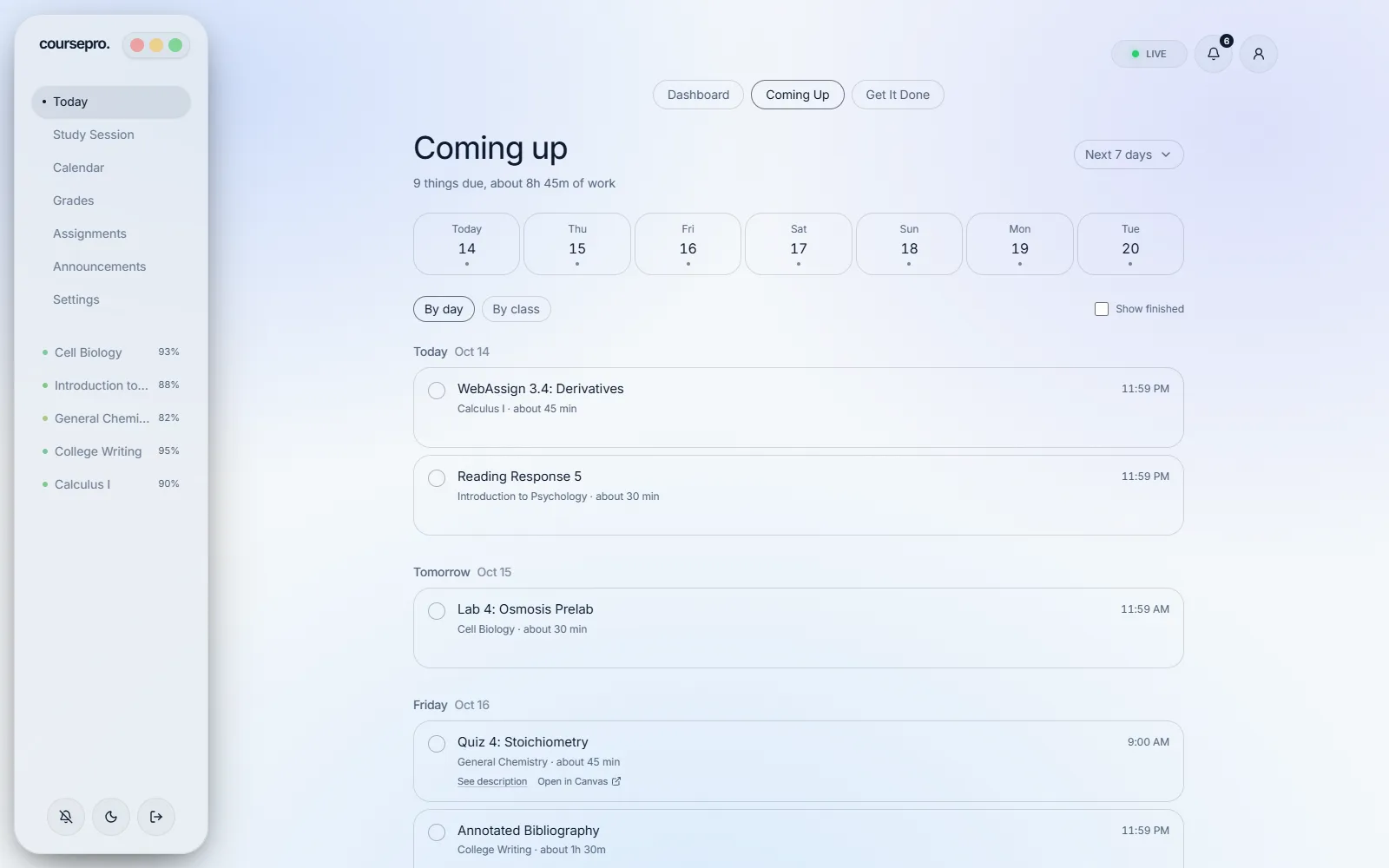 The Coming Up page with a seven-day strip and assignments grouped by day.