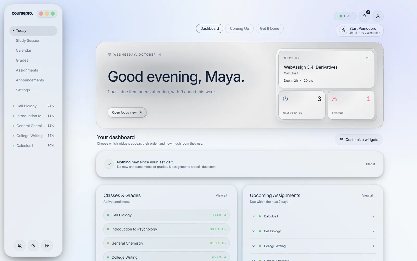 The CoursePro dashboard with a greeting, the next assignment up, and class grades.