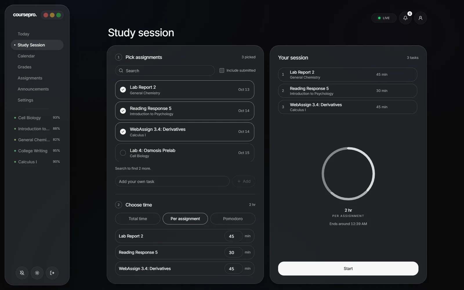 The Study Session page: pick assignments on the left, your session and its time on the right.