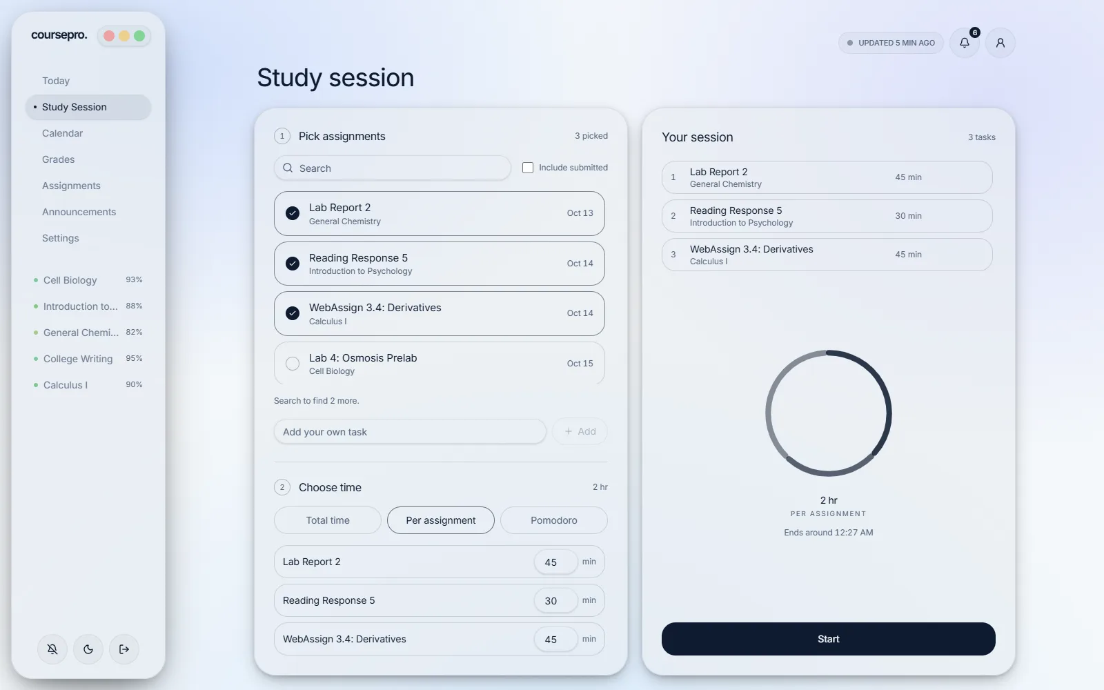 The Study Session page: pick assignments on the left, your session and its time on the right.